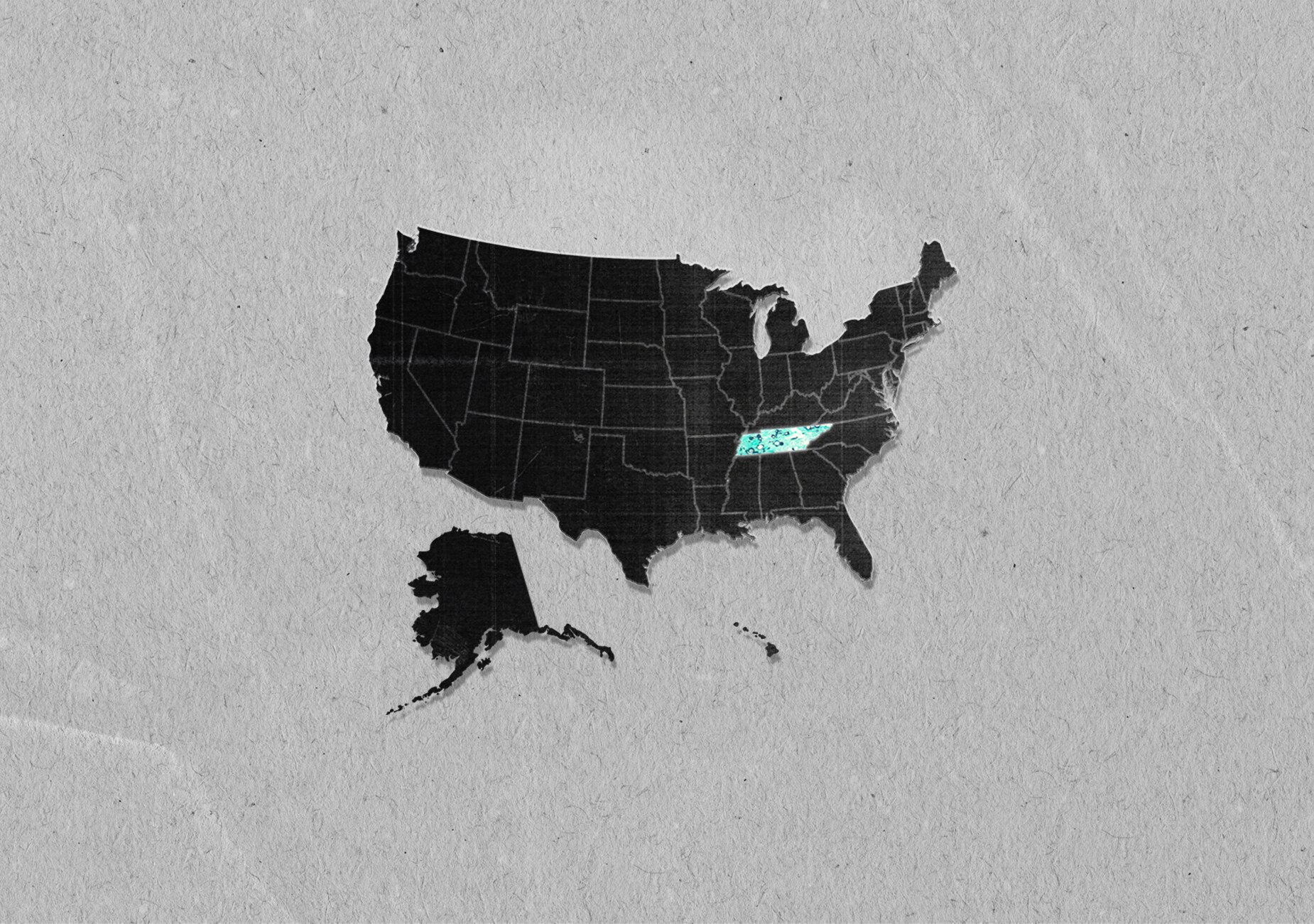 The state of Tennessee is filled in bright blue on black vector US map on grey paper background.