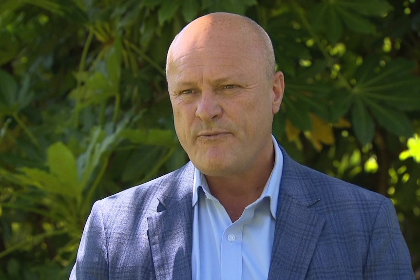 A bald man in a suit in front of some bushes.