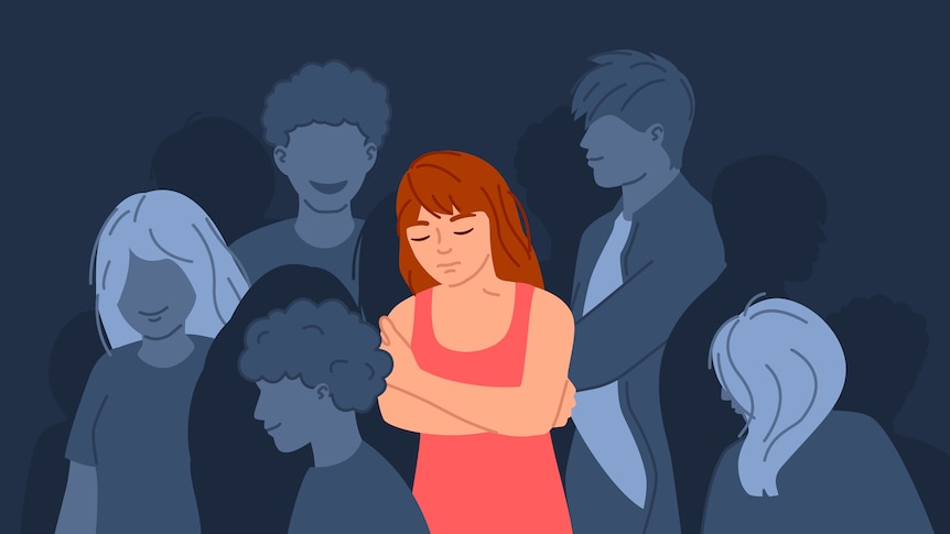 An illustration of a depressed girl surrounded by smiling peers