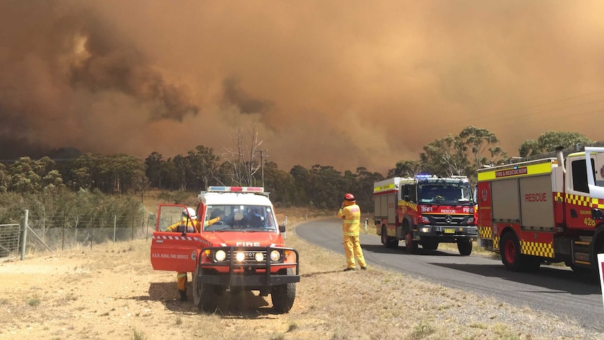 NSW RFS watching bushland on fire with plumes of smoke