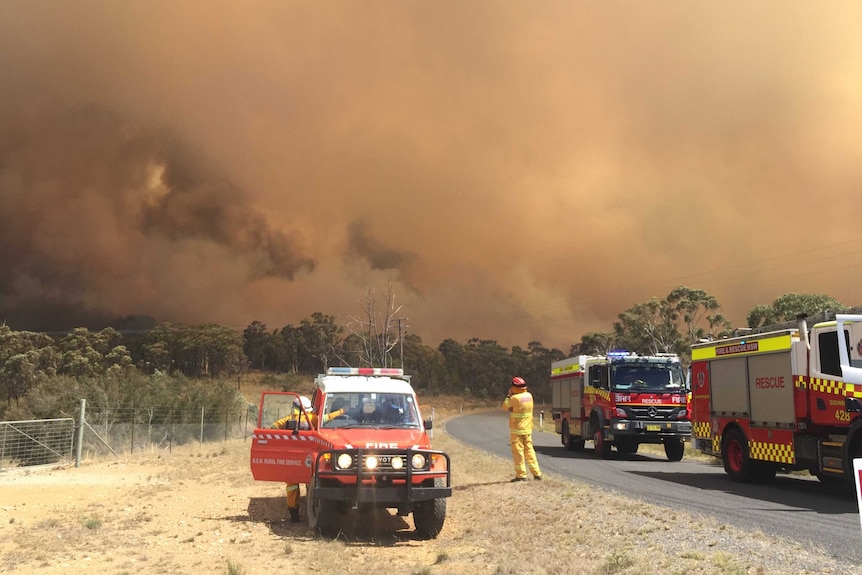 NSW RFS watching bushland on fire with plumes of smoke