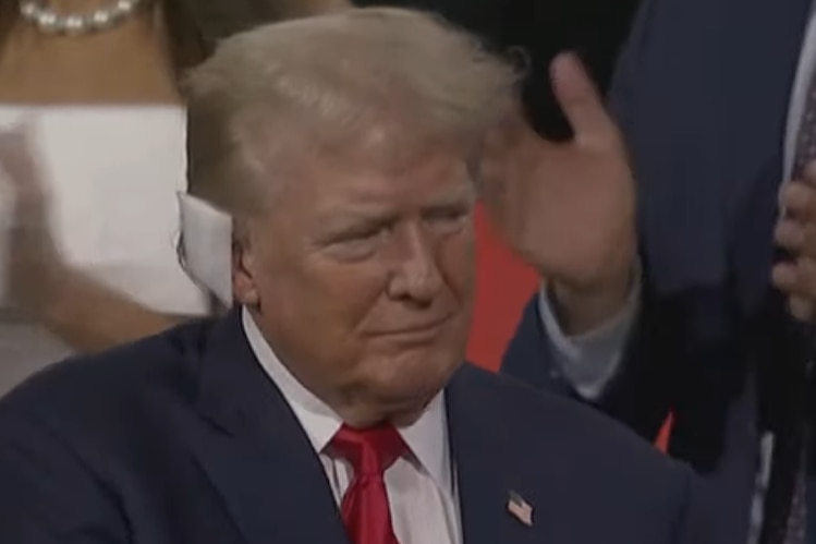 Donald Trump witha  patch on his ear, raising his fist.
