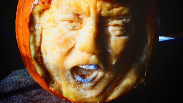 A jack-o'-lantern carved to look like US Republican presidential candidate Donald Trump.