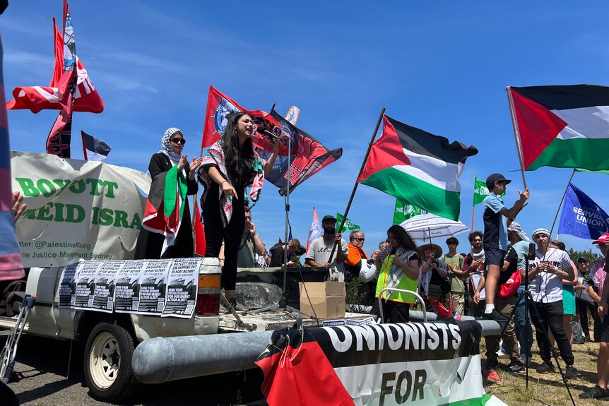 pro-palestinian supporters at a demonstration in sydney's port botany on saturday november 11