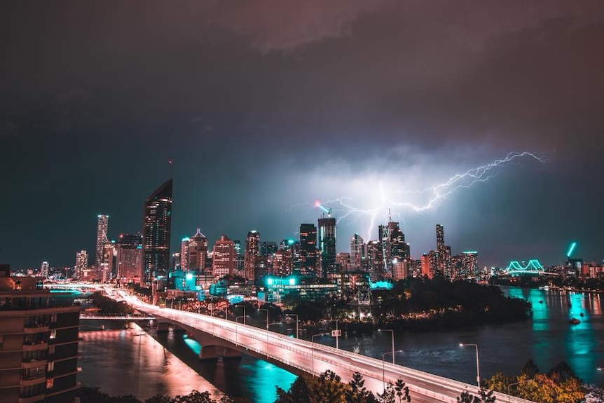 Lighting strikes over the Brisbane city on 30 October 2017.
