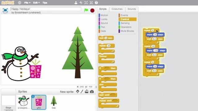Scratch edit window shows image of snowman and tree