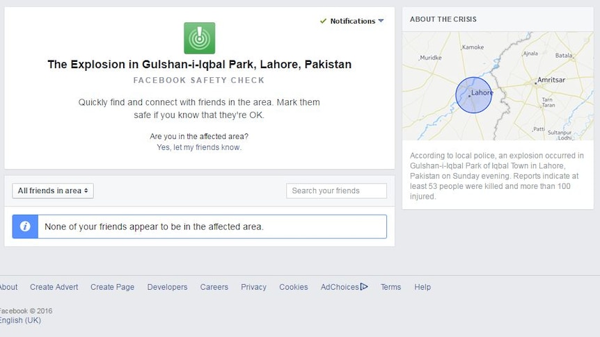Screenshot of Facebook's Safety Check for Lahore, Pakistan.