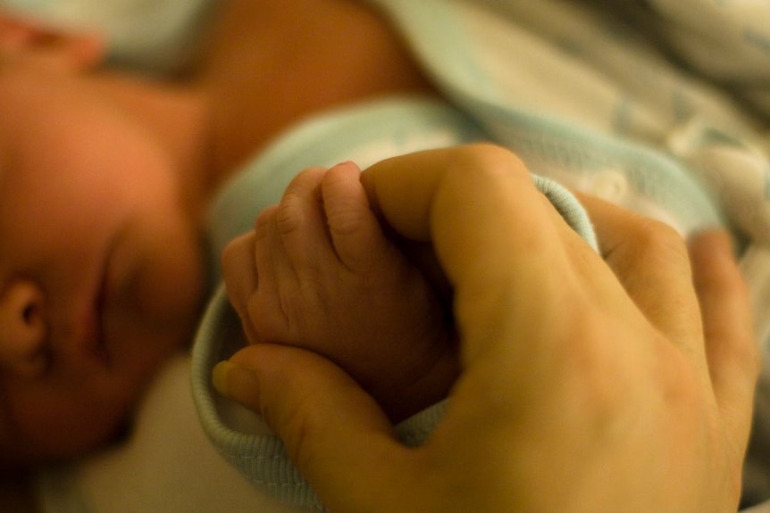 A mother holds hands with her baby.