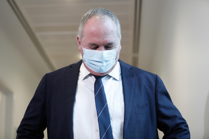 Barnaby Joyce appears to be smiling beneath a face mask, as he looks at the floor.