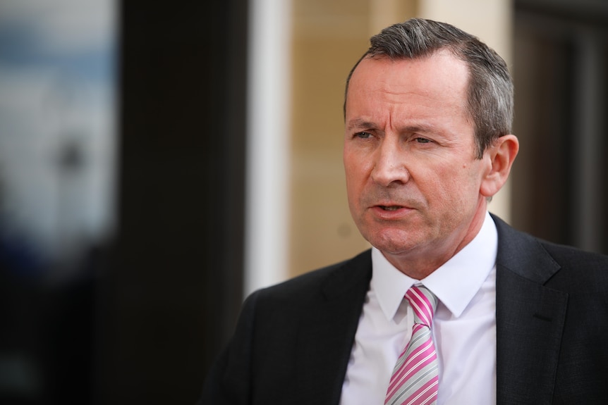 A head and shoulders shot of WA Premier Mark McGowan speaking outside state parliament.