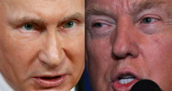 A composite image shows close-ups of the faces of Vladimir Putin and Donald Trump.