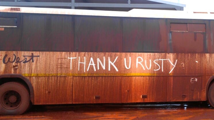 Message on bus as Cyclone Rusty approaches.