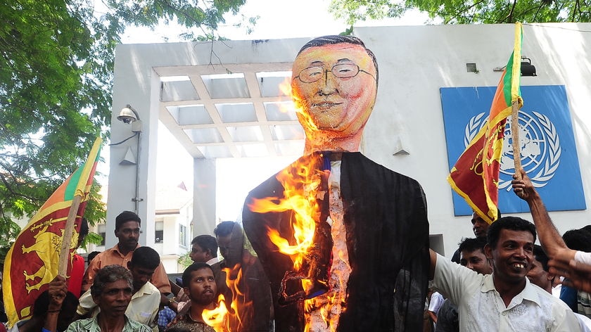 Protest: activists burn an effigy of UN secretary-general Ban Ki-moon