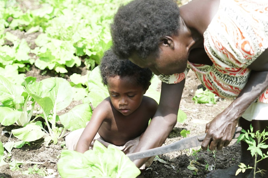A woman holds a knife as she crouches with her child over a plant in the garden.