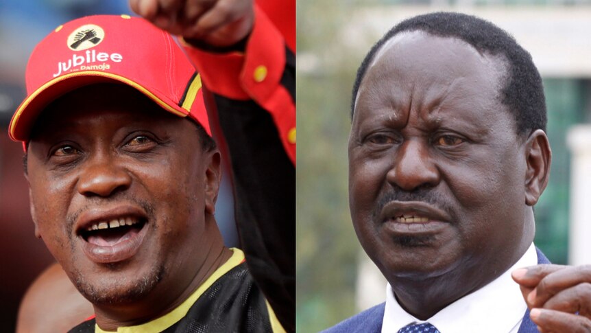 Kenyan Uhuru Kenyatta pointing, on the right, and rival Raila Odinga, on the left.