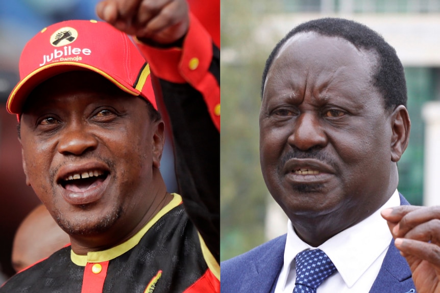 Kenyan Uhuru Kenyatta pointing, on the right, and rival Raila Odinga, on the left.
