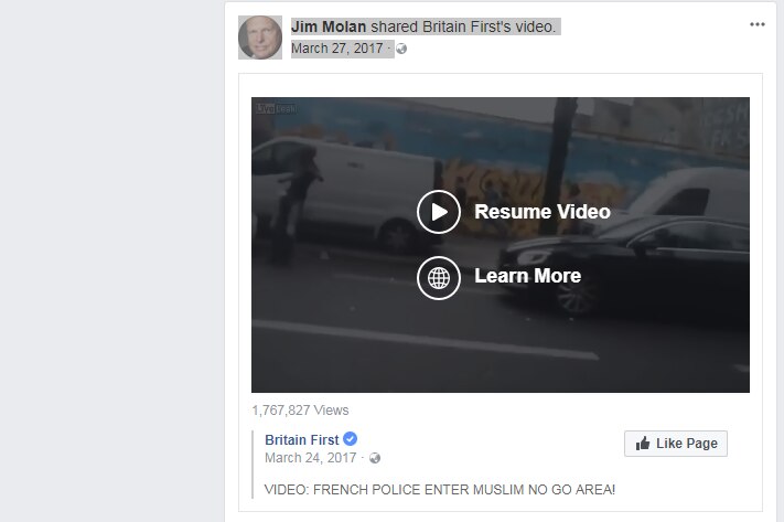 Screenshot of a Britain First video shared on Senator Jim Molan's Facebook page, dated March 27, 2017