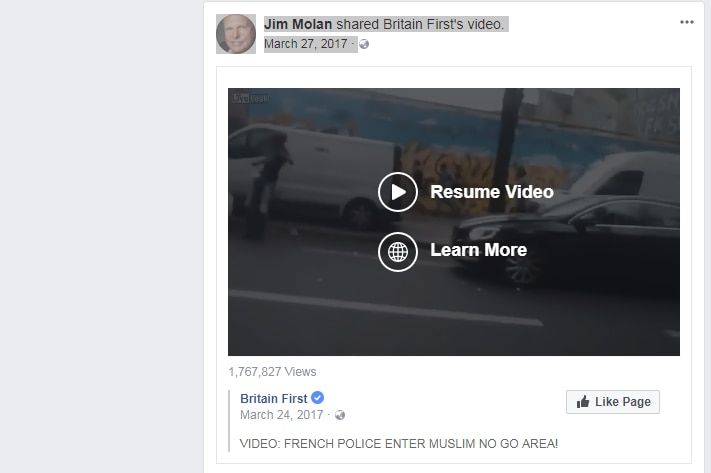 Screenshot of a Britain First video shared on Senator Jim Molan's Facebook page, dated March 27, 2017