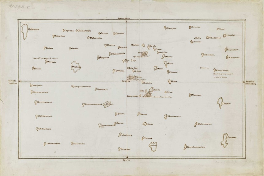18th Century chart of the Society Islands showing a cluster of  dozens of islands and their names.