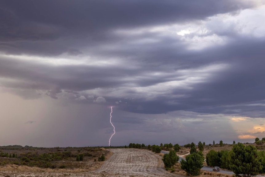 A lightning bolt and purple grey skies, over sparse bushland in WA