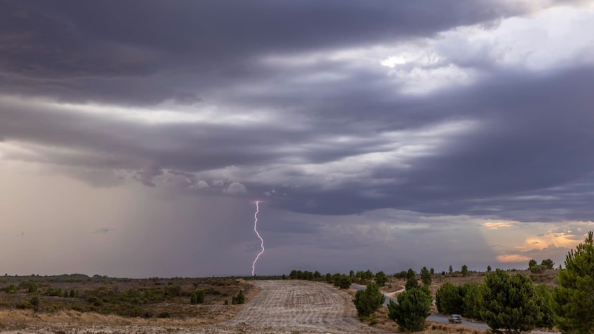 A lightning bolt and purple grey skies, over sparse bushland in WA