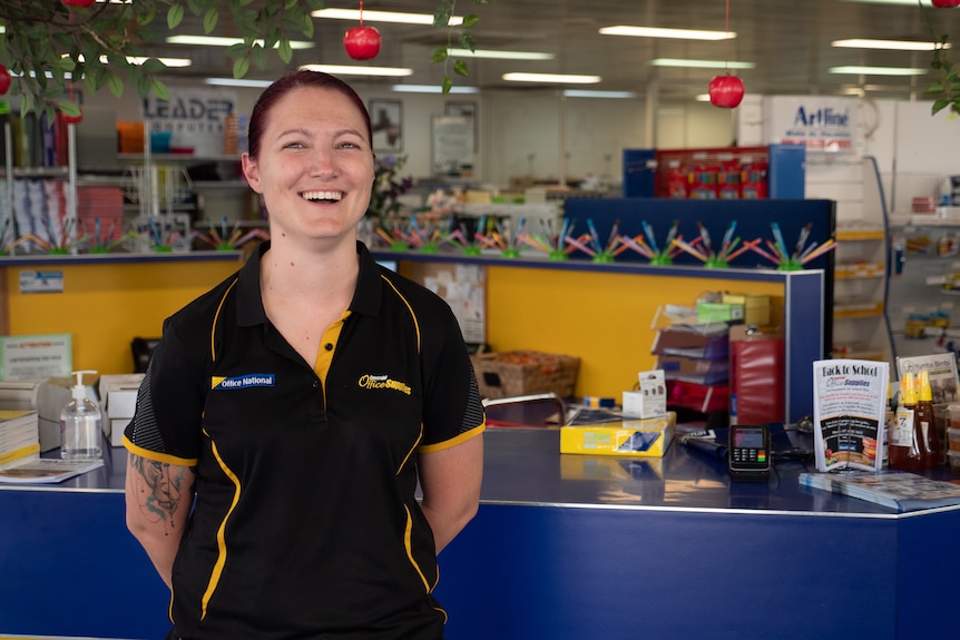 Kaia Tebbatt standing her office supply shop, Emerald, Queensland November 2021.