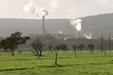 Wide shot of Alcoa's Wagerup refinery with smoke stacks billowing and paddocks in the foreground.
