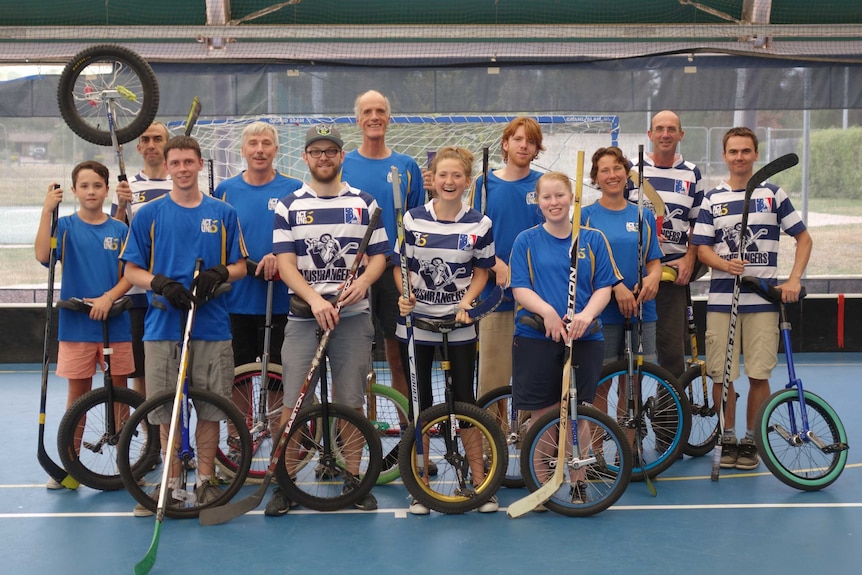 Group photo of a Canberra unicycle hockey team