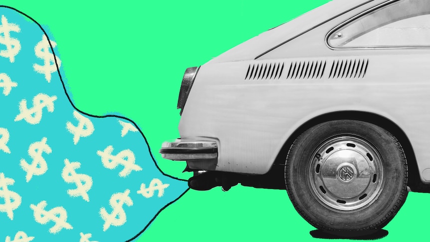 Illustration of vintage car with exhaust smoke full of dollar signs