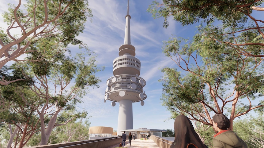 Computer generated image of people walking across a bridge to Telstra Tower. 