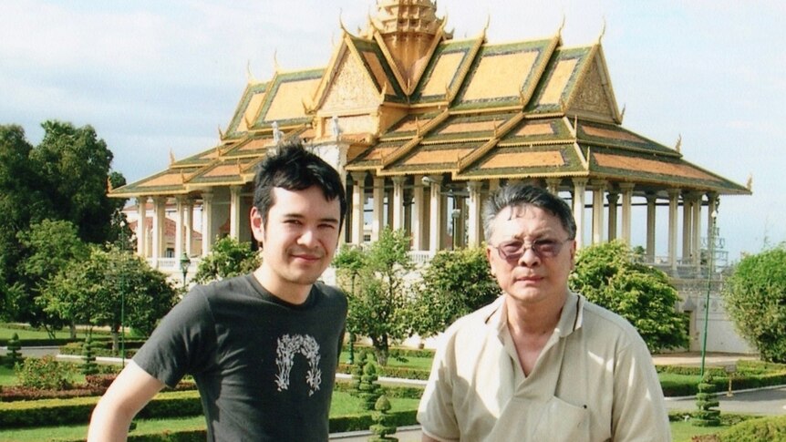 Jason Om with his Cambodian father, travelling in Cambodia in 2005.