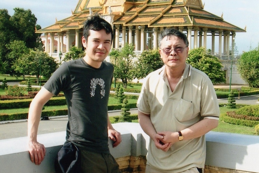 Jason Om with his Cambodian father, travelling in Cambodia in 2005.