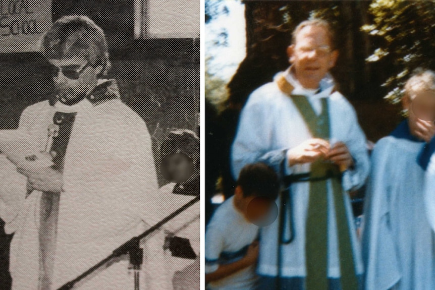 A split photo showing two priests in Catholic regalia. The quality has been degraded with age.
