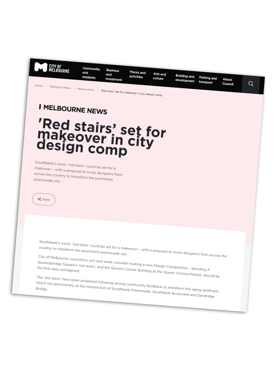 Un extracto de un comunicado de prensa de la ciudad de Melbourne de agosto de 2024 que anuncia el concurso de diseño Red Stair.