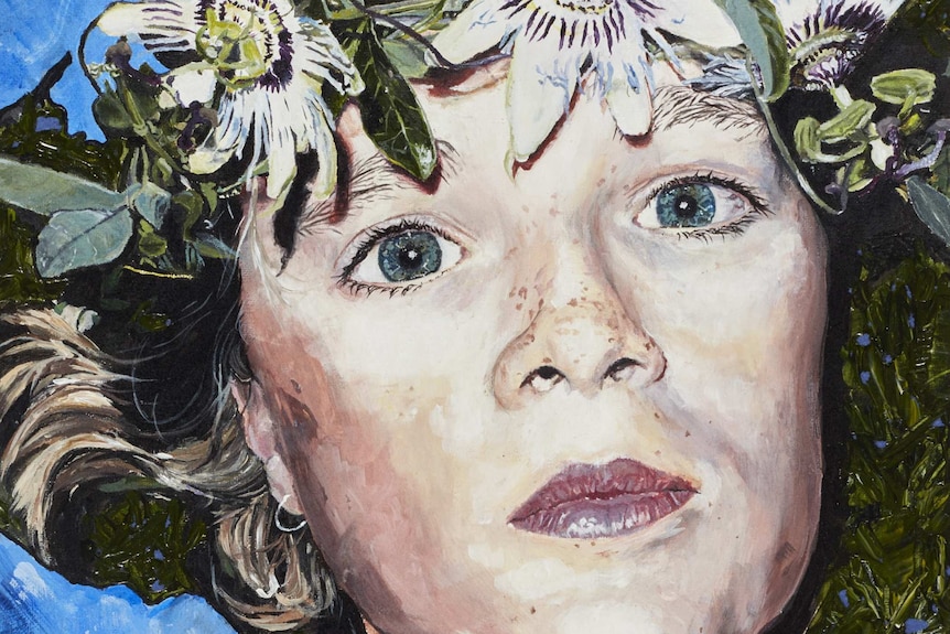 Jessica Thompson's painting shows her sister eva lying on grass with a flower garland on her head.