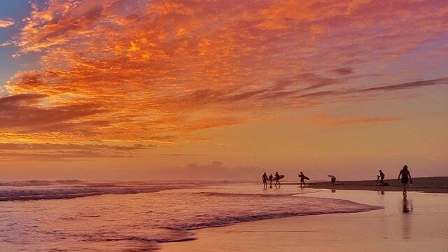 Surfers entering the water at sunrise.