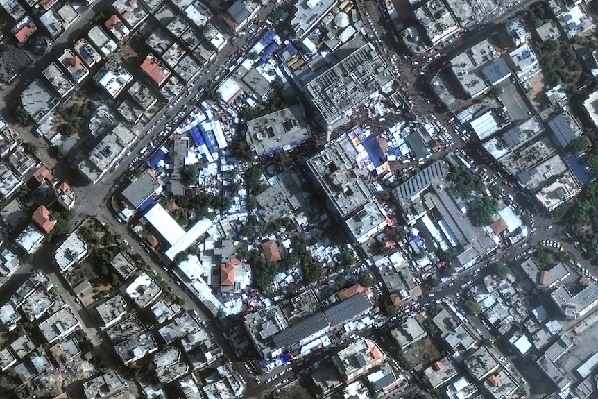 A satellite photo showing the Al-Shifa hospital complex in Gaza, surrounded by suburban rooftops