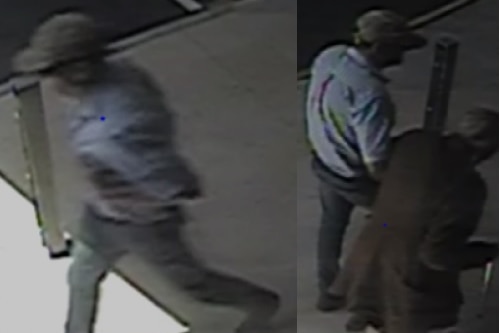 Security footage of a man in a cap, t-shirt and long pants with an elderly woman.