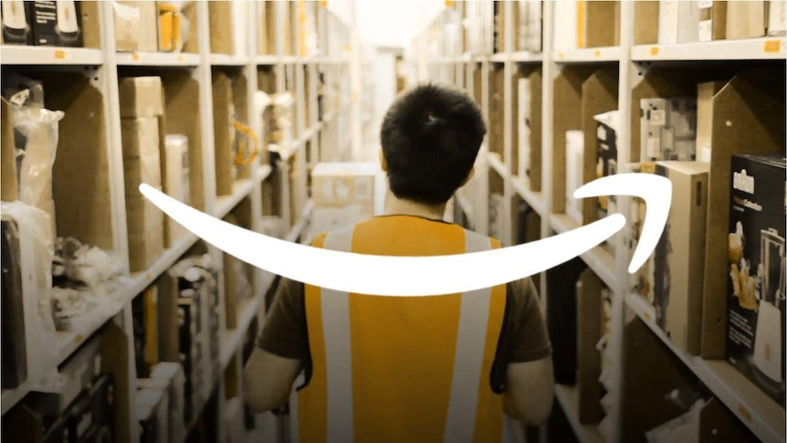 An Amazon worker in the warehouse with the Amazon logo arrow overlayed.