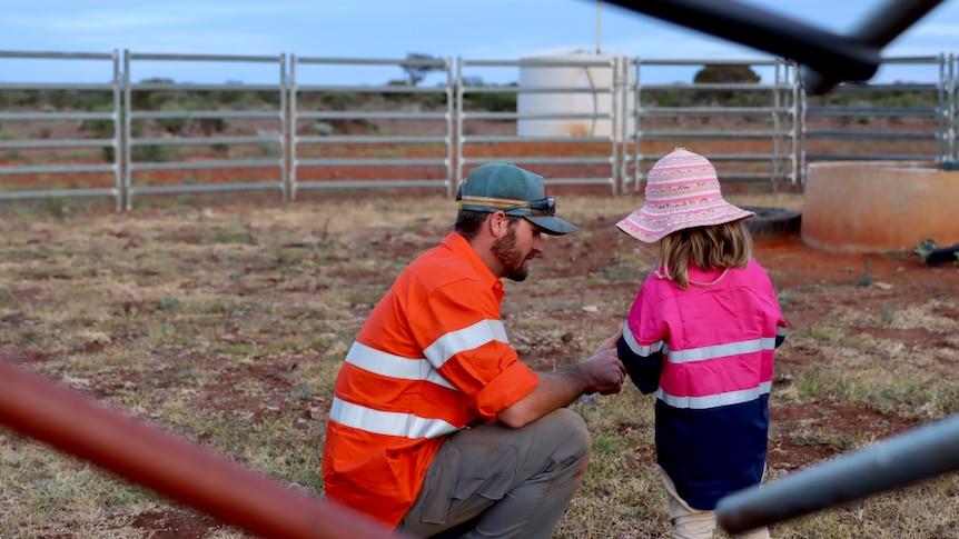 man and his young daughter wearing hi vis and looking at a phone inside a cattle yard.