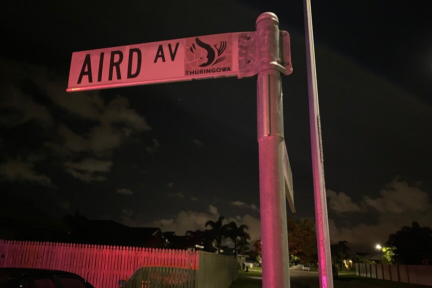 A white street sign says 'Aird Avenue' on a dark night in a suburban street