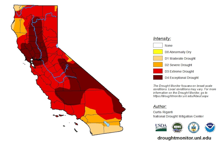 A map showing a third of California in exceptional drought.