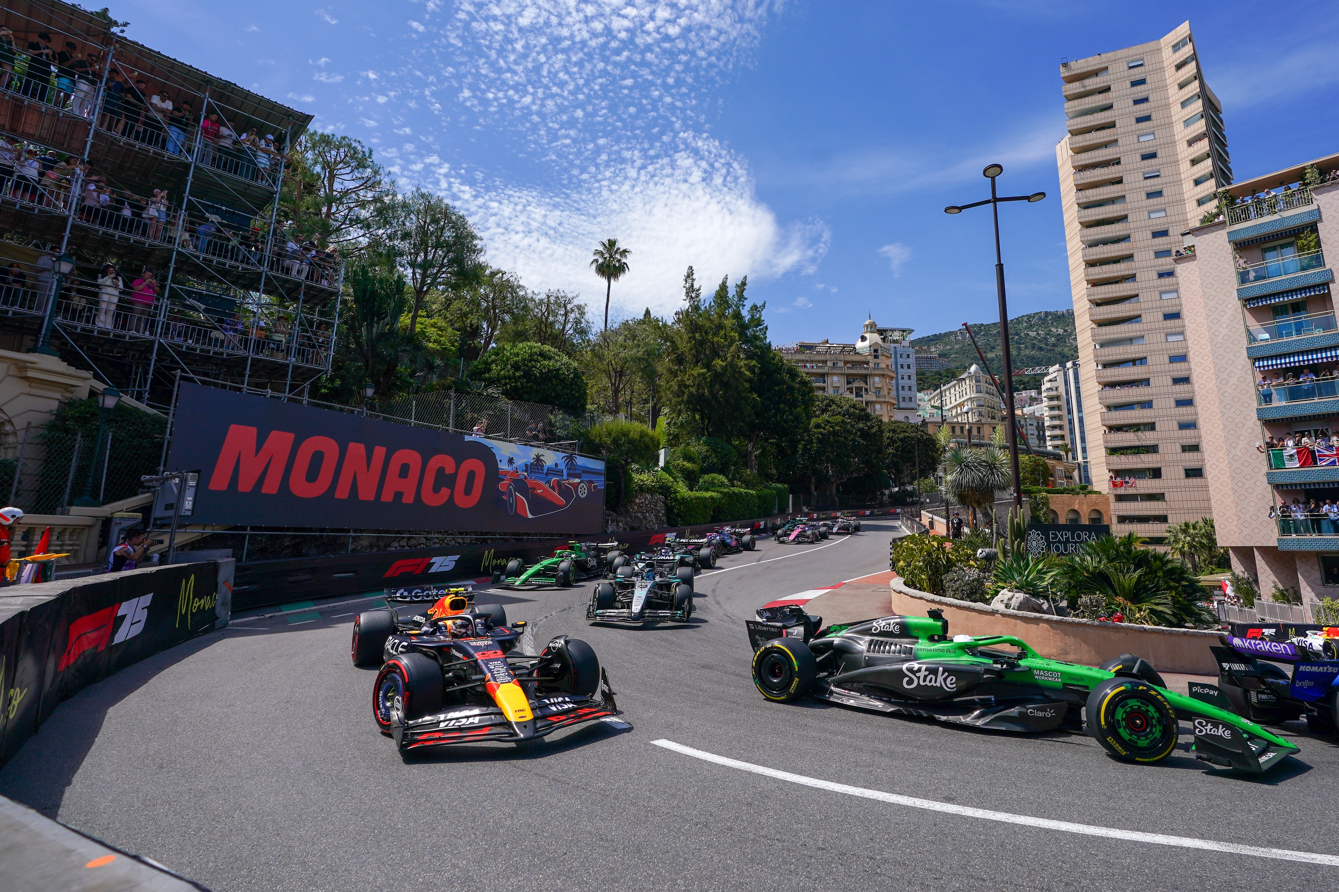 F1 cars take the hairpin at Monaco on the first lap