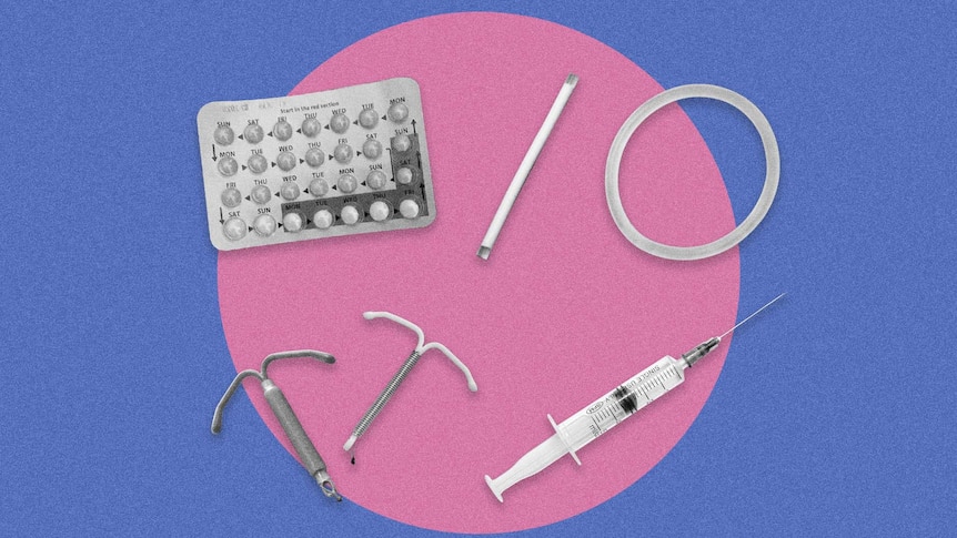 A blue background with a pink circle in the middle, with a pill packet, iuds, implant rod, vaginal ring and needle
