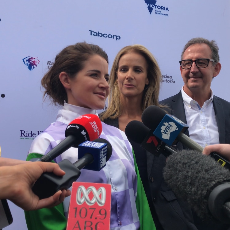 Michelle Payne speaks to media next to Rachel Griffiths at Ballarat race course