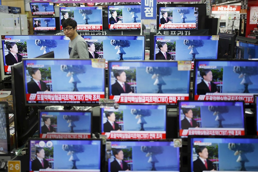 Multiple TV sets in a store in Seoul, South Korea, broadcast the hydrogen bomb test.