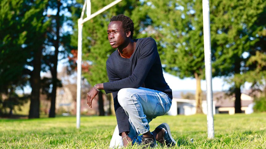 Soccer player and Sudanese refugee Bul Juach in Narrabundah