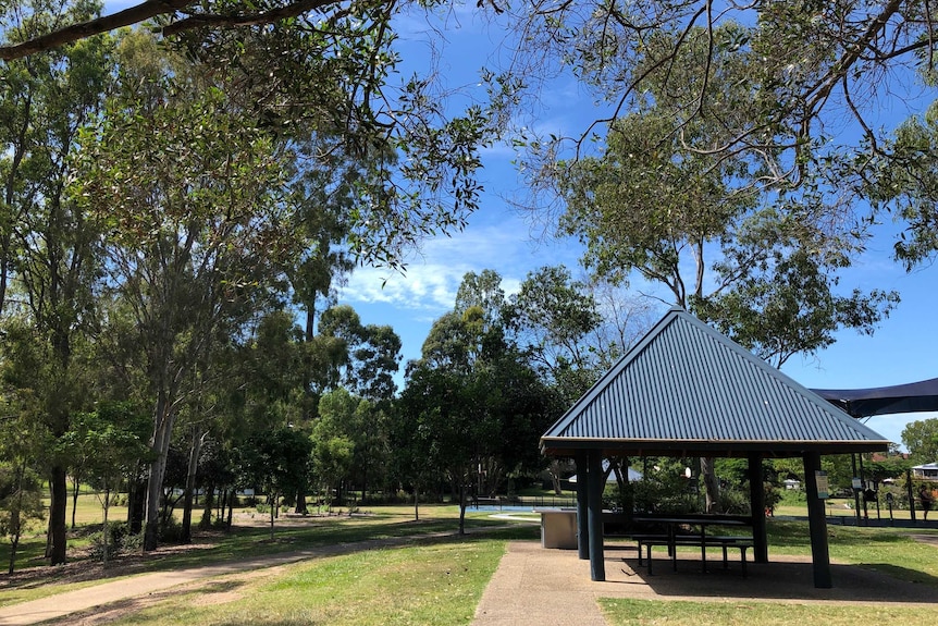 A shaded picnic area in a park surrounded by trees and blue sky.