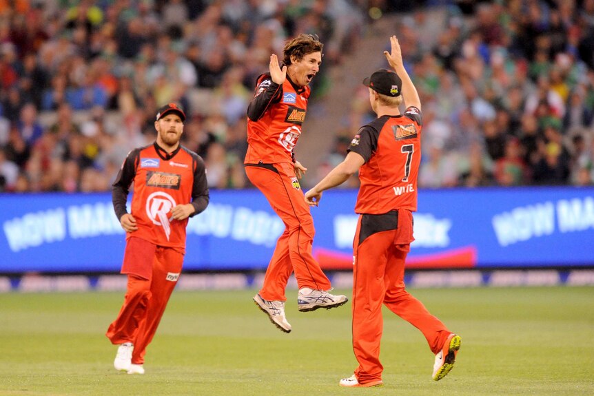 Brad Hogg of the Renegades celebrates taking the wicket of David Hussey of the Stars.
