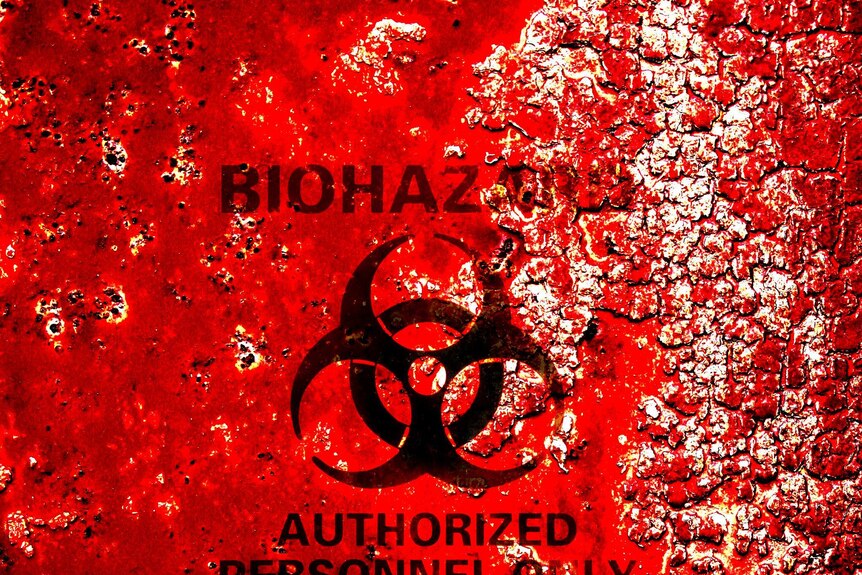 Biohazard symbol, black text on blood red background